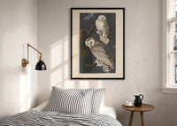 Audubon Snowy Owl print in a black frame above a bed with striped linens, a brass wall lamp and a sunlit window