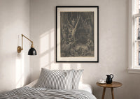 Dore Wood of the Harpies print in a black frame above a bed with striped linens, a brass wall lamp and a sunlit window