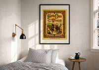 Thomas Nast Santa Claus Works Cover print in a black frame above a bed with striped linens
