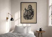 Thomas Nast Merry Old Santa Claus print in a black frame above a bed with striped linens