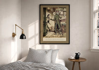 Arthur Rackham Scrooge and Cratchit print in a black frame above a bed with striped linens