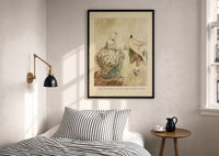 Arthur Rackham Fezziwig's Dance print in a black frame above a bed with striped linens