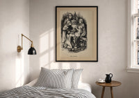 Thomas Nast Santa with Children print in a black frame above a bed with striped linens