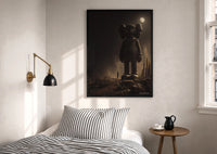 KAWS Companion Desert Moon Monochrome print in a black frame above a bed with striped linens