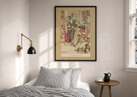 Arthur Rackham Boisterous Group print in a black frame above a bed with striped linens