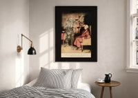 Arthur Rackham Marley's Ghost print in a black frame above a bed with striped linens, a brass wall lamp and a sunlit window