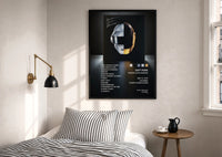 Daft Punk Random Access Memories Helmets print in a black frame above a bed with striped linens