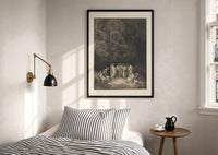 Dore Assembly of the Poets print in a black frame above a bed with striped linens, a brass wall lamp and a sunlit window