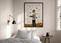 Tyler, the Creator Flower Boy Album Cover print in a black frame above a bed with striped linens