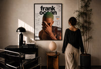 Frank Ocean Blonde Annotated Album Cover print in a black frame on a sunlit wall with a viewer