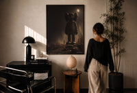 KAWS Companion Desert Moon Monochrome print in a black frame on a sunlit wall with a viewer