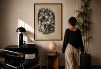Thomas Nast Santa with Children print in a black frame on a sunlit plaster wall, a woman looking on beside a mushroom lamp