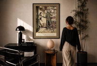 Arthur Rackham Scrooge and Cratchit print in a black frame on a sunlit wall with a viewer