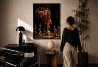 Hand Moving the Queen print in a black frame on a sunlit plaster wall, a woman looking on beside a mushroom lamp