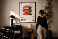 SEAxFOOD Market Salmon Sushi Lighter print in a black frame on a sunlit wall with a viewer
