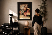 Arthur Rackham Marley's Ghost print in a black frame on a sunlit plaster wall, a woman looking on beside a mushroom lamp