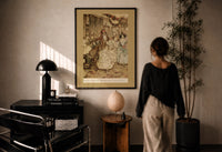 Arthur Rackham The Plump Sister print in a black frame on a sunlit plaster wall, a woman looking on beside a mushroom lamp