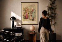 Arthur Rackham Laden with Toys print in a black frame on a sunlit plaster wall, a woman looking on beside a mushroom lamp