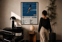 SZA SOS Album Tracklist print in a black frame on a sunlit plaster wall, a person looking on beside a mushroom lamp