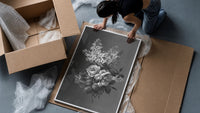 white lilac and roses bouquet vintage art print framed print being unpacked from protective bubble wrap and a box