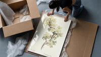 Cliff Rose botanical study with labeled names vintage art print framed print being unpacked from protective bubble wrap…