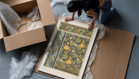 Art Nouveau botanical pattern with gourds and flowers vintage art print framed print being unpacked from protective…