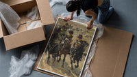 cavalry soldiers on horseback vintage art print framed print being unpacked from protective bubble wrap and a box