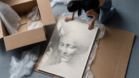 female face portrait study vintage art print framed print being unpacked from protective bubble wrap and a box