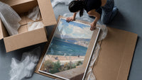 Mediterranean coastal promenade seen from balcony vintage art print framed print being unpacked from protective bubble…