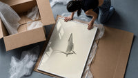 tern in flight sketch vintage art print framed print being unpacked from protective bubble wrap and a box