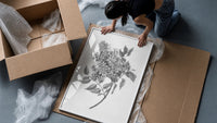 flowering lilac branch vintage art print framed print being unpacked from protective bubble wrap and a box