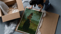 woman under a blossoming tree vintage art print framed print being unpacked from protective bubble wrap and a box