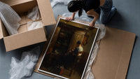 woman sewing by a cottage doorway with chickens vintage art print framed print being unpacked from protective bubble wrap…