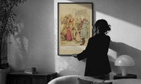 Arthur Rackham Laden with Toys print in a slim black frame being hung on a sunlit wall in a monochrome room