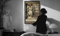 Arthur Rackham Scrooge and Cratchit print in a slim black frame being hung on a sunlit wall in a monochrome room