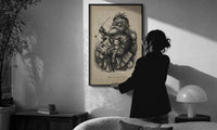 Thomas Nast Merry Old Santa Claus print in a slim black frame being hung on a sunlit wall in a monochrome room