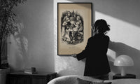 Thomas Nast Santa with Children print in a slim black frame being hung on a sunlit wall in a monochrome room