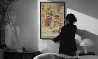 Arthur Rackham Boisterous Group print in a slim black frame being hung on a sunlit wall in a monochrome room