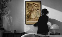 Arthur Rackham The Plump Sister print in a slim black frame being hung on a sunlit wall in a monochrome room
