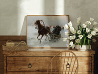 Horse pulling sleigh through snow print in an oak frame on a farmhouse dresser beside white tulips
