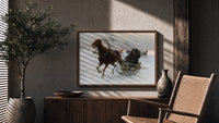 Horse pulling sleigh through snow print in a wood frame above a fluted sideboard beside an olive tree