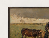 Close-up of the Group of horses in field print's dark wood frame corner and archival matte paper