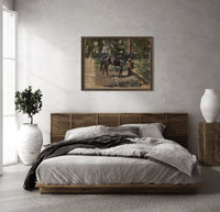Dark horse tied to fence post print in a dark wood frame above a rattan bed on a plaster wall