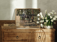 Dark horse tied to fence post print in an oak frame on a farmhouse dresser beside white tulips