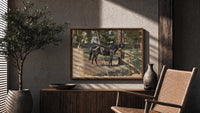 Dark horse tied to fence post print in a wood frame above a fluted sideboard beside an olive tree