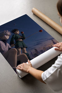 Two anime boys on rooftop at night print laid flat in a styling flatlay