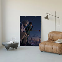 Two anime boys on rooftop at night poster framed in a luxury living-room setting