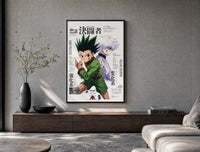 Gon and Killua anime characters poster framed above a wood console in a concrete-wall living room