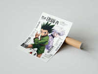 Rolled Gon and Killua anime characters poster beside its crush-resistant kraft shipping tube