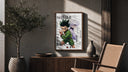 Gon and Killua anime characters poster framed above a fluted sideboard beside an olive tree